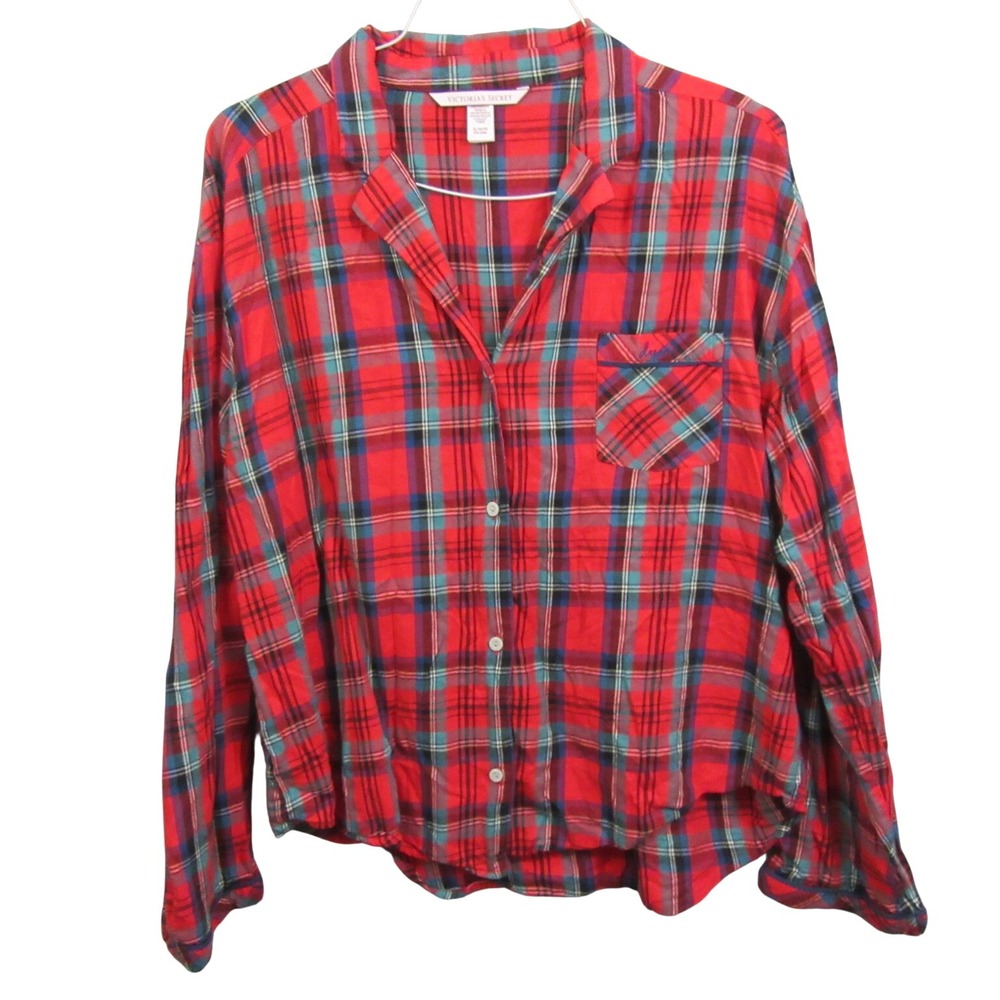 Victoria's Secret Womens Pajama Top XL Red Plaid Flannel Christmas Dream